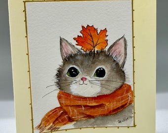 Autumn Kitten Card, Hand Painted Watercolor Card, Cute Cat Fall Card, Cozy Autumn Greeting Card, Cat Lover Card, Thanksgiving Card
