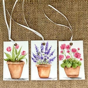 Potted Plants Watercolor Gift Tags – Set of 3, Geranium, Lavender & Tulip, 2x2 with Satin Ribbon