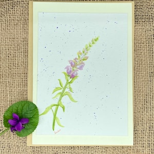 Snapdragon-Hand painted Lavender Snapdragon watercolor Blank 5x7” Card on 140 lb  Watercolor Paper mounted on heavy cardstock.