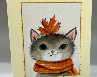 Autumn Kitten Card, Hand Painted Watercolor Card, Cute Cat Fall Card, Cozy Autumn Greeting Card, Cat Lover Card, Thanksgiving Card