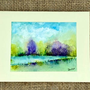 Hand Painted Watercolor Greeting Card — Purple & Green Trees, River, Soft Sky — Original Art, Blank Inside