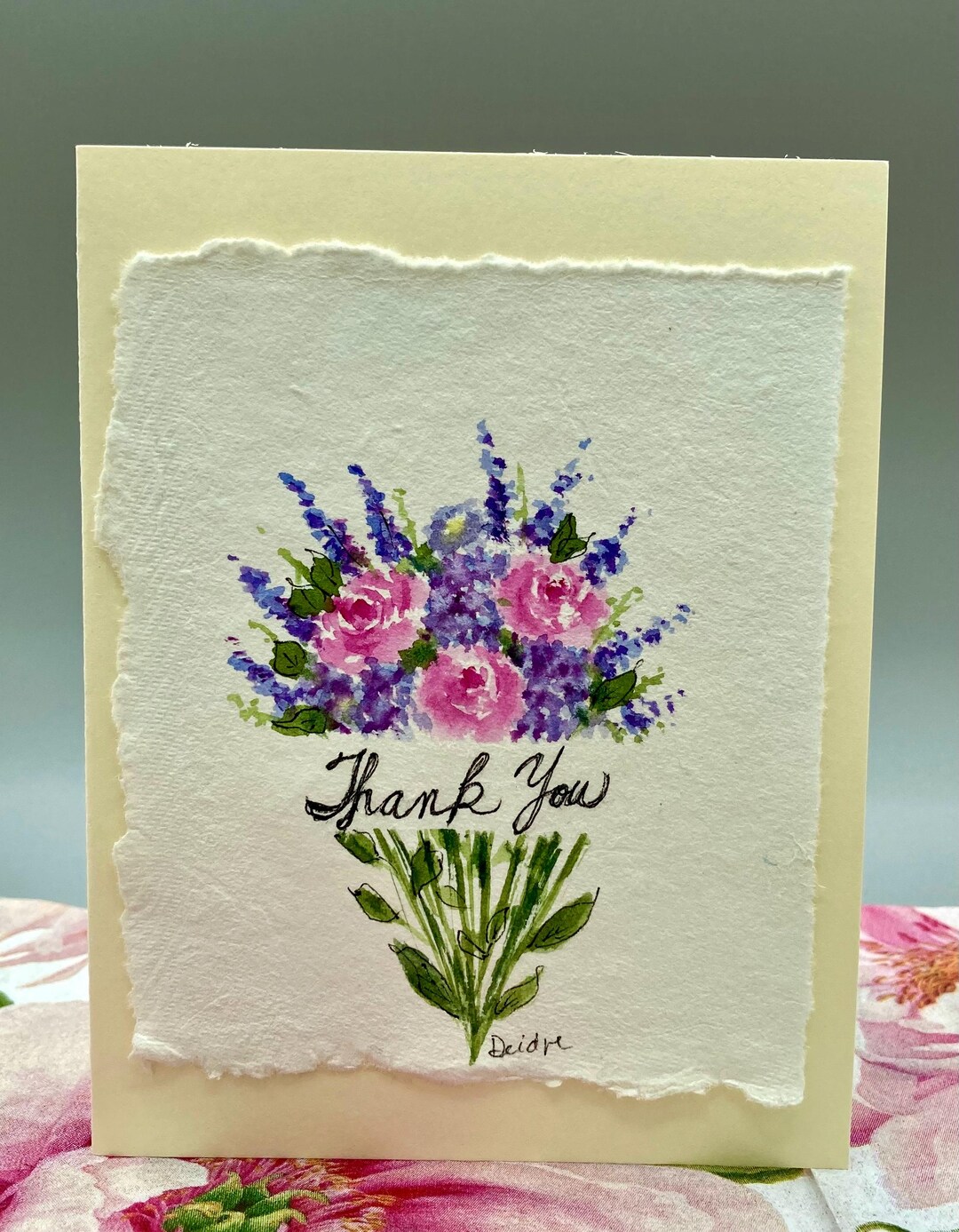 Hand Painted Watercolor Thank You Card — Pink Roses, Blue Hydrangea ...