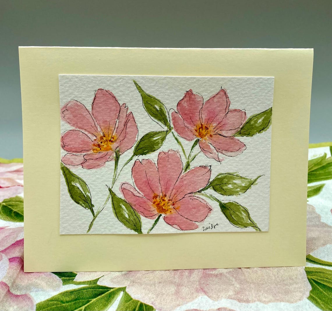 Hand-painted Watercolor Greeting Card – Soft Pink Floral Elegance ...