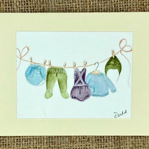 Baby Clothes on the Line – Hand Painted Watercolor Greeting Card