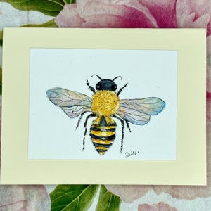 Hand Painted Watercolor Greeting Card — Bumble Bee with Iridescent Wings — Original Art, Blank Inside