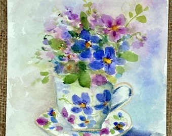 Flowers and Teacup Hand painted Watercolor Art-5x5” original artwork-not a print, Painted on 140 lb. Watercolor Paper