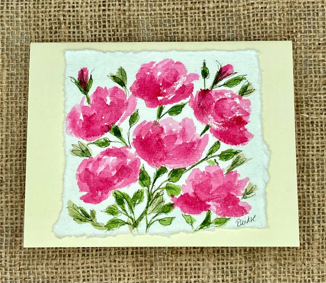 Hand Painted Watercolor Greeting Card — Loose Pink Roses With Green ...