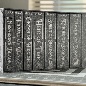 Könnte beinhalten: Ein Set aus neun Fantasy-Romanen mit silbernen Lettern auf schwarzem Hintergrund. Die Titel sind "Throne of Glass", "Crown of Midnight", "Heir of Fire", "Queen of Shadows", "Empire of Storms", "Tower of Dawn", "Kingdom of Ash" und "Assassin's Blade".