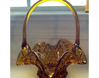 Vintage Bernstein Glas Korb Diamant Punkt gekräuselt Rand Candy Dish dekorative Schüssel
