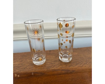 Juego de 2 vasos de chupito altos vintage dorados con diseño de estrella y lunares, estilo MCM.