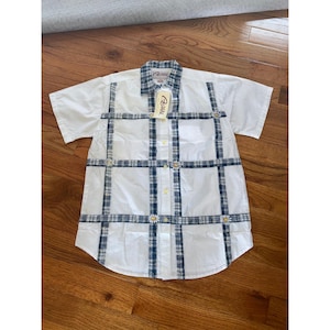 Agapo Collection White Plaid Daisy Patchwork Button Up Shirt Mens Large NWT