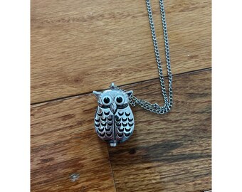 Prime Time Silver Owl Pendant Watch Necklace PT2797SL Whimsical Long Chain