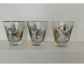 David Douglas « Pinecone » Old Fashioned MCM Libbey, lot de 3 verres dorés turquoise