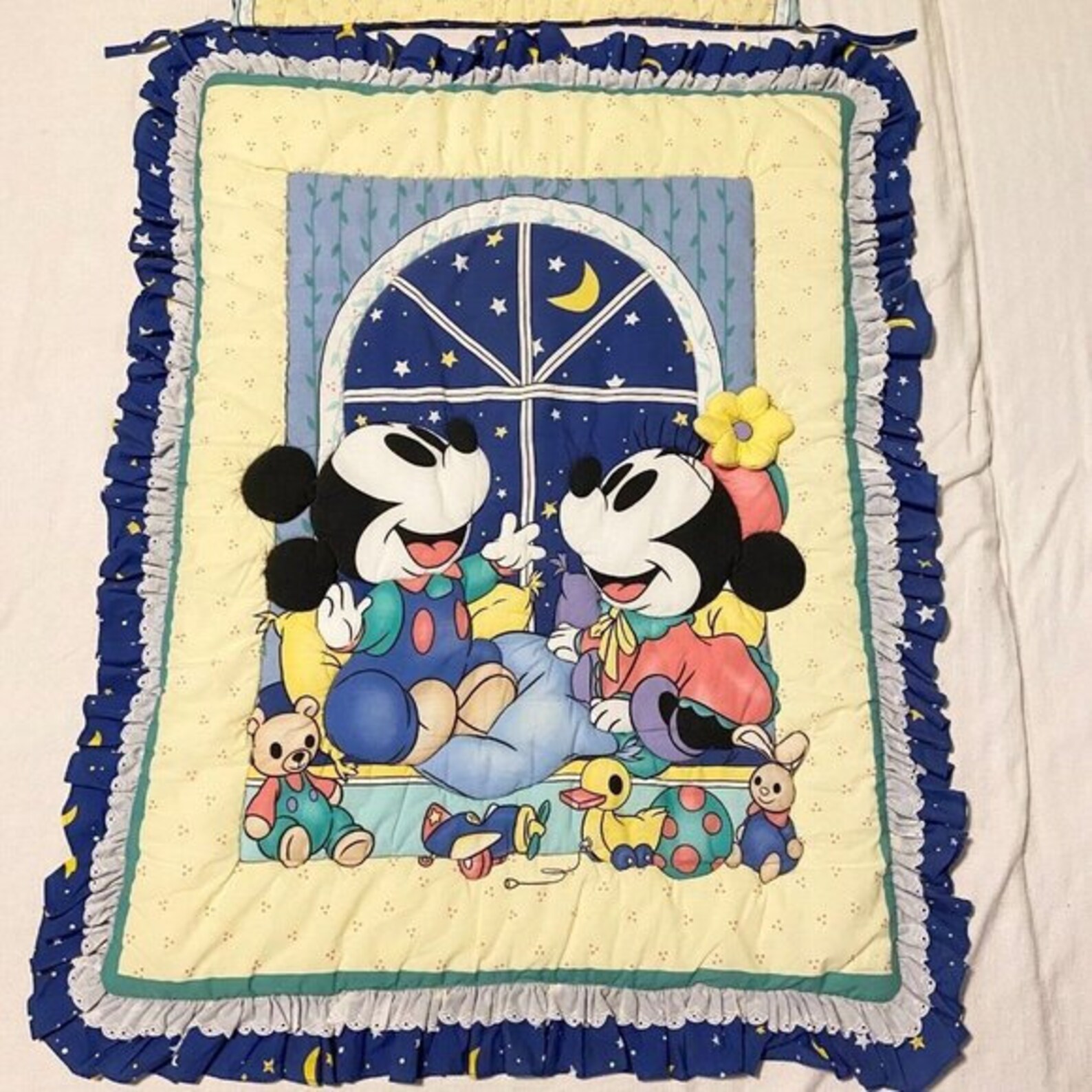 Vintage Mickey Mouse Minnie Crib Quilt Comforter Blanket and Headboard