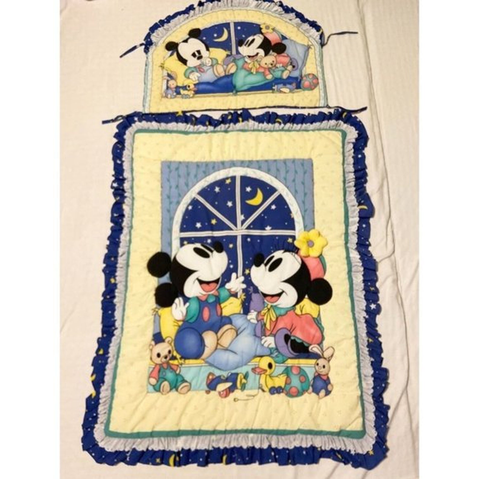 Vintage Mickey Mouse Minnie Crib Quilt Comforter Blanket and Headboard ...