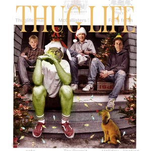 Puede incluir: Imagen humorística con temática navideña que presenta a un grupo de personas, incluido un personaje de Grinch, sentados en un porche decorado con luces navideñas y un árbol. La palabra "THUG LIFE" se muestra en la parte superior de la imagen.