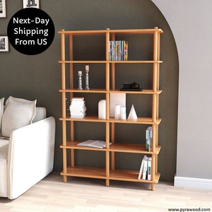 Handmade Solid Beech Wood Bookshelf: Minimalist 6-Shelf Storage