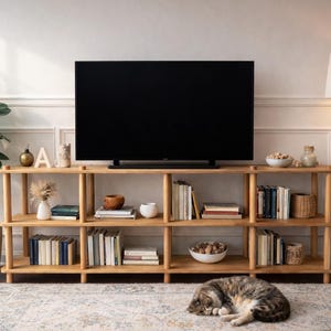 Handmade Beech Wood Media Console: Minimalist TV Stand Bookcase image 5