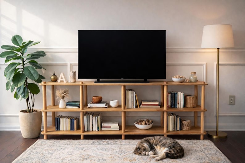 Handmade Beech Wood Media Console: Minimalist TV Stand Bookcase image 5