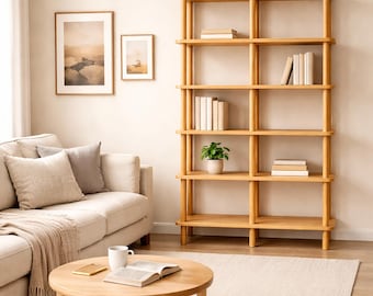 Handmade Solid Wood Bookshelf | Custom Beech Wood Bookcase, Minimalist Wooden Shelving