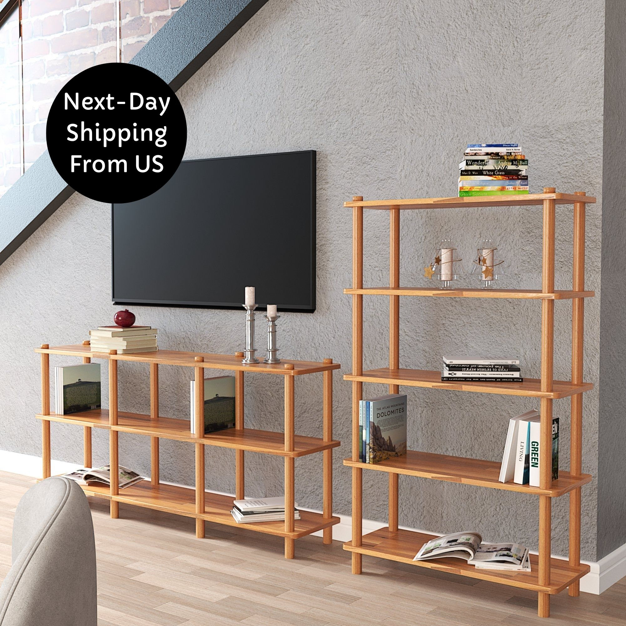 Living Room Short Bookcase With 3 Shelves, Solid Beech Wood Large Media ...