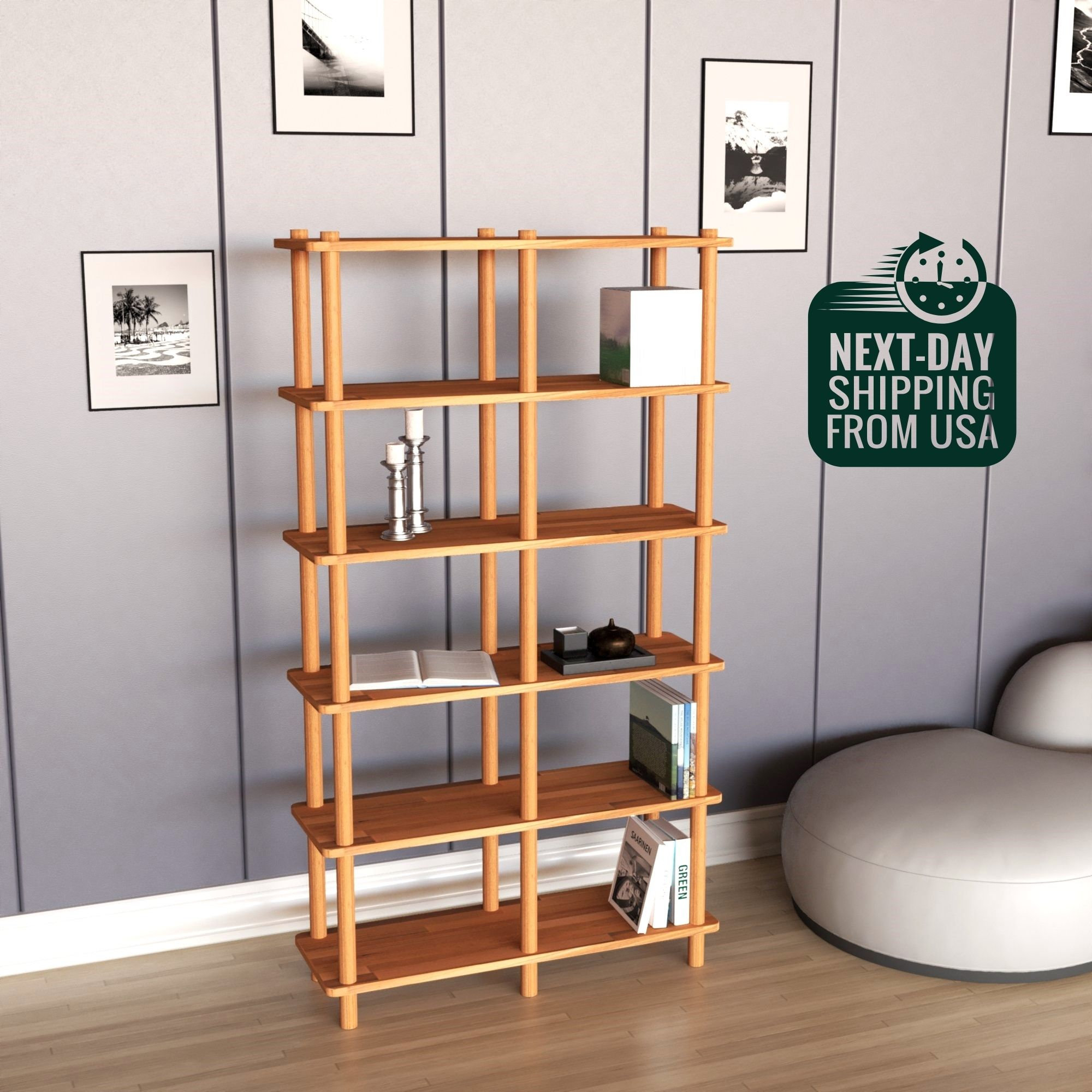 Custom Solid Beech Wood Bookcase: Minimalist Shelving Unit