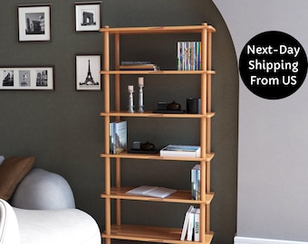 Handmade Beech Wood Bookcase: Customizable 6-Shelf Storage