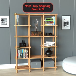 Solid Beech Wood  Bookshelf For Office, Solid Wood Bookcase With 6 Shelves, Custom Design Farm House Bookcase, Living Room Bookshelf