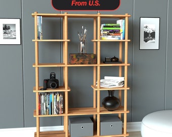 Solid Beech Wood Bookcase: 6-Shelf Farmhouse Design