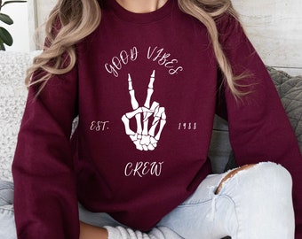 Personalized Good Vibes Spooky Crewneck, Skeleton Print, Chill in Style for Halloween, Cozy Skeleton Sweatshirt, Peace Sign, Unisex