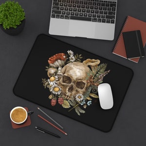 Skull Blossom Desk Mat, Gothic Home Decor, Skull Mouse Pad, Dark Cottagecore Desk Mat, Floral Desk mat