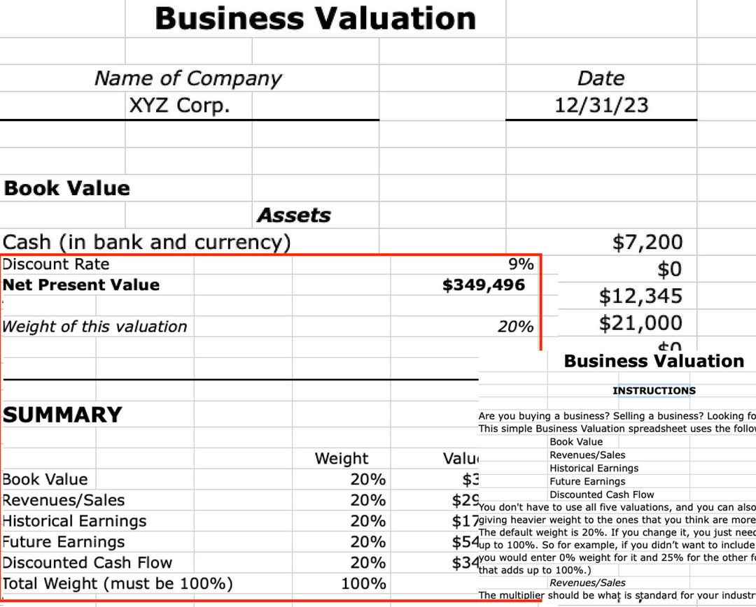 Business Valuation Excel Worksheet Template Etsy