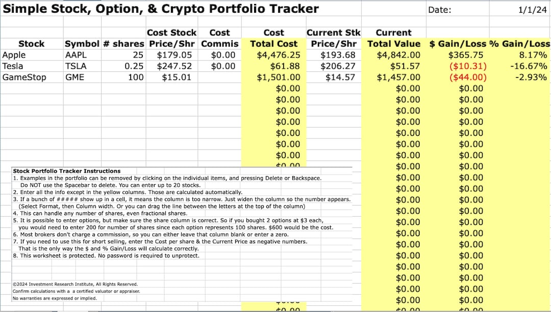 Foglio di lavoro Excel semplice per tracker di azioni, opzioni e