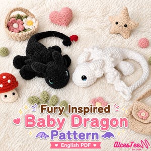Patrón de crochet para bebé dragón inspirado en Fury, Bebé dragón nocturno y Bebé dragón luminoso, Patrón de crochet PDF de Fury Dragon de baja costura