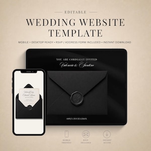 Può includere: Un modello di sito web per matrimoni modificabile visualizzato su uno smartphone e un tablet. Lo schermo mostra una busta nera con un sigillo di ceralacca e il testo: YOU ARE CORDIALLY INVITED Valencia & Santino. Compatibile mobile e desktop.