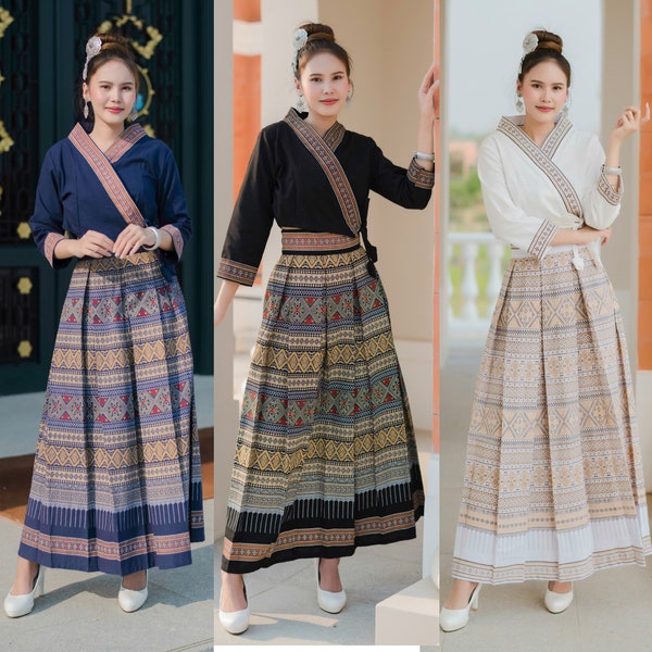 Vintage Tai Lue TRADITIONELE KLEDINGSET Verkrijgbaar in drie kleuren - Thailand Vintage rok en blouse kleedset voor dames