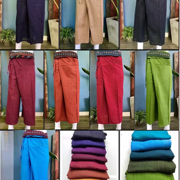 Pantalones largos de pescador tailandés - Pantalones tradicionales tailandeses - Pantalones de yoga - Pantalones de pescador tailandés unisex - Del norte de Tailandia