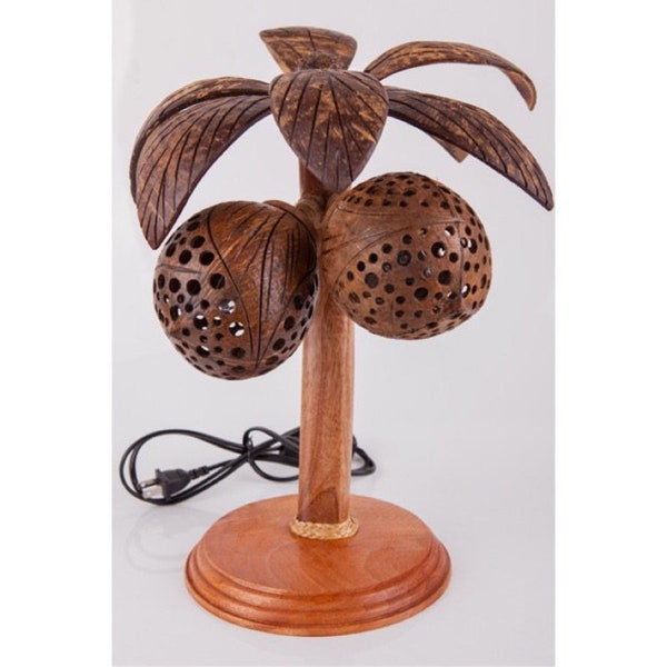 Lampe cocotier en coquille de noix de coco - Lampe en bois faite main - Artisanat en bois en bois - Fabriqué en Thaïlande - Décoration d'intérieur - Cadeau