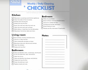 May include: A printable cleaning checklist with sections for the kitchen, living room, bathroom, and bedroom. Each section has a list of cleaning tasks with checkboxes next to them. The checklist is titled "Weekly/Daily Cleaning Checklist" and includes the text "Pure Cleaning."