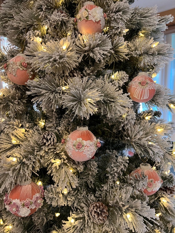 Pink Vintage Velvet Victorian-style Christmas ornaments White-Gold trimming set of six.   Each ornament is  3".