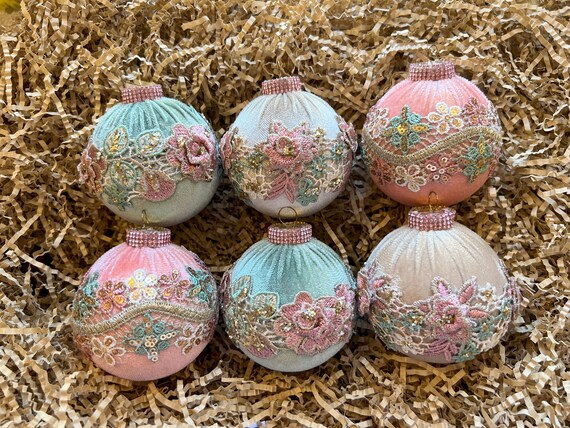 Vintage Pink-Sage Flower Embroidery Lace Fabrics 3D Velvet Christmas Ornaments