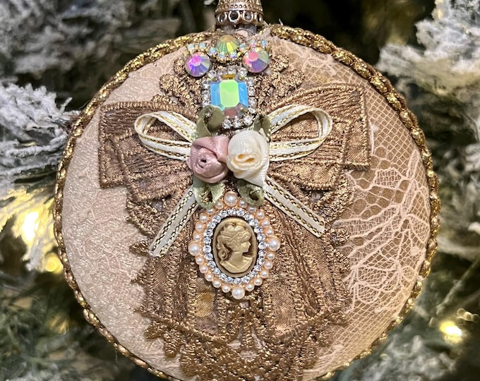 Taupe Victorian Medallion Ornament with Antique Gold Lace, Lady Cameo, Pearls, Rhinestones and Roses