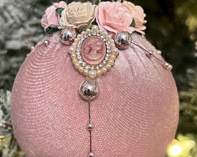 Set of 4 Handmade Victorian Velvet Ornaments with Cameos, Flowers, Pearls, Rhinestones for Receptions, Home Decor, Christmas
