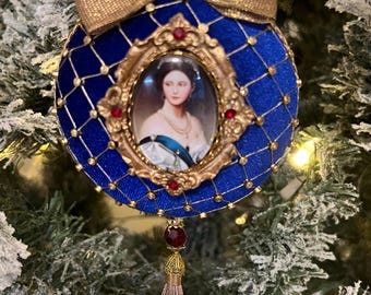 Royal Blue Victorian Velvet Ornament, Antique Gold Portrait Medallion, Red Jeweled Tassel Holiday & Home Décor