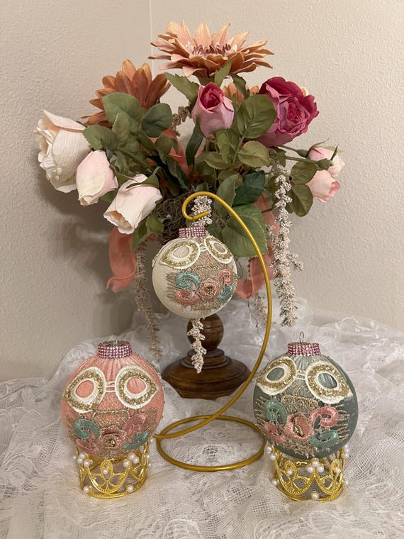 Vintage Pink-Sage Flower and Mask Embroidery Lace Fabrics 3D Velvet Christmas Ornaments set of six.