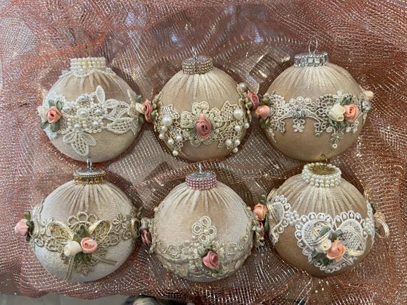 Taupe Velvet Victorian multi style set of six Christmas ornaments - BT001