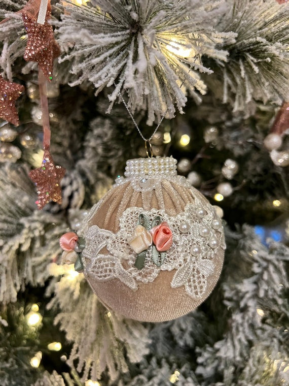Taupe Velvet Victorian-style set of six Christmas ornaments with Beige-Pearl trimming