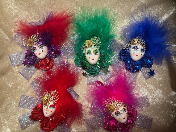 Mardi Gras Mask Face pin brooches with feathers set of five. 6" x 6"