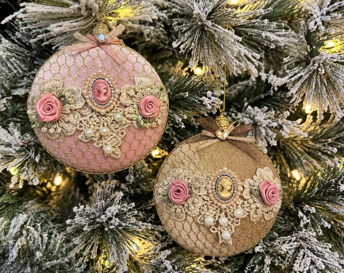 Pink & Taupe Victorian-Style Cameo Christmas Ornaments, Handmade Set of 3”