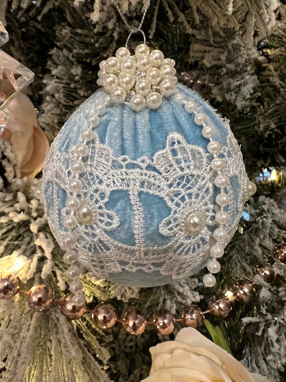 Blue Velvet Victorian-style set of six Christmas ornaments with White-Pearl Embroidery trimming.